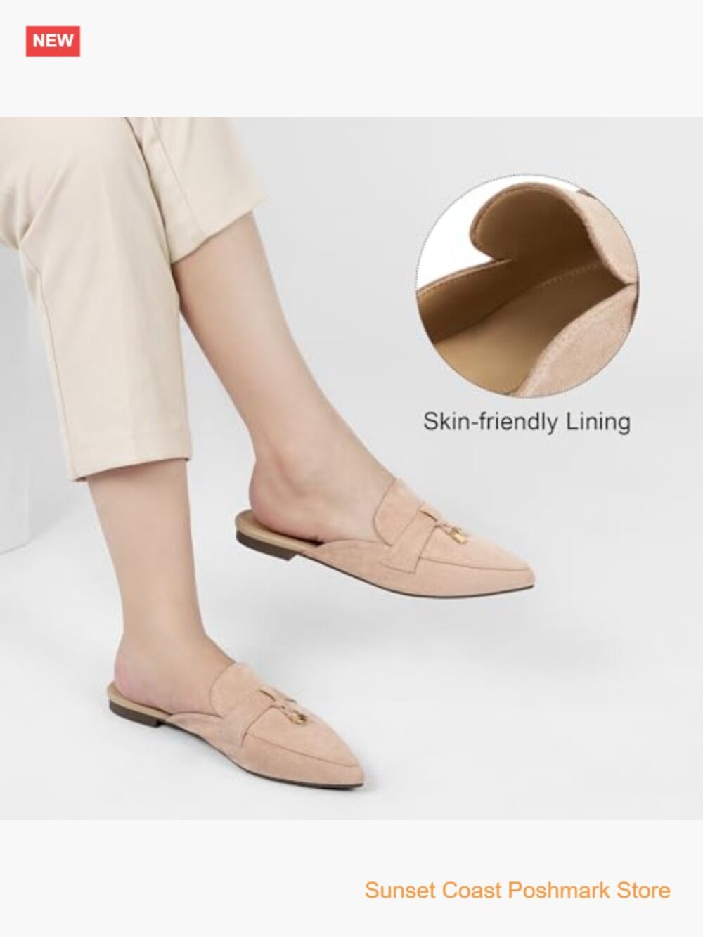 Pointed Toe Backless Loafers Mules with Metal Buckle Faux Suede Slip On Flats - Picture 6 of 7